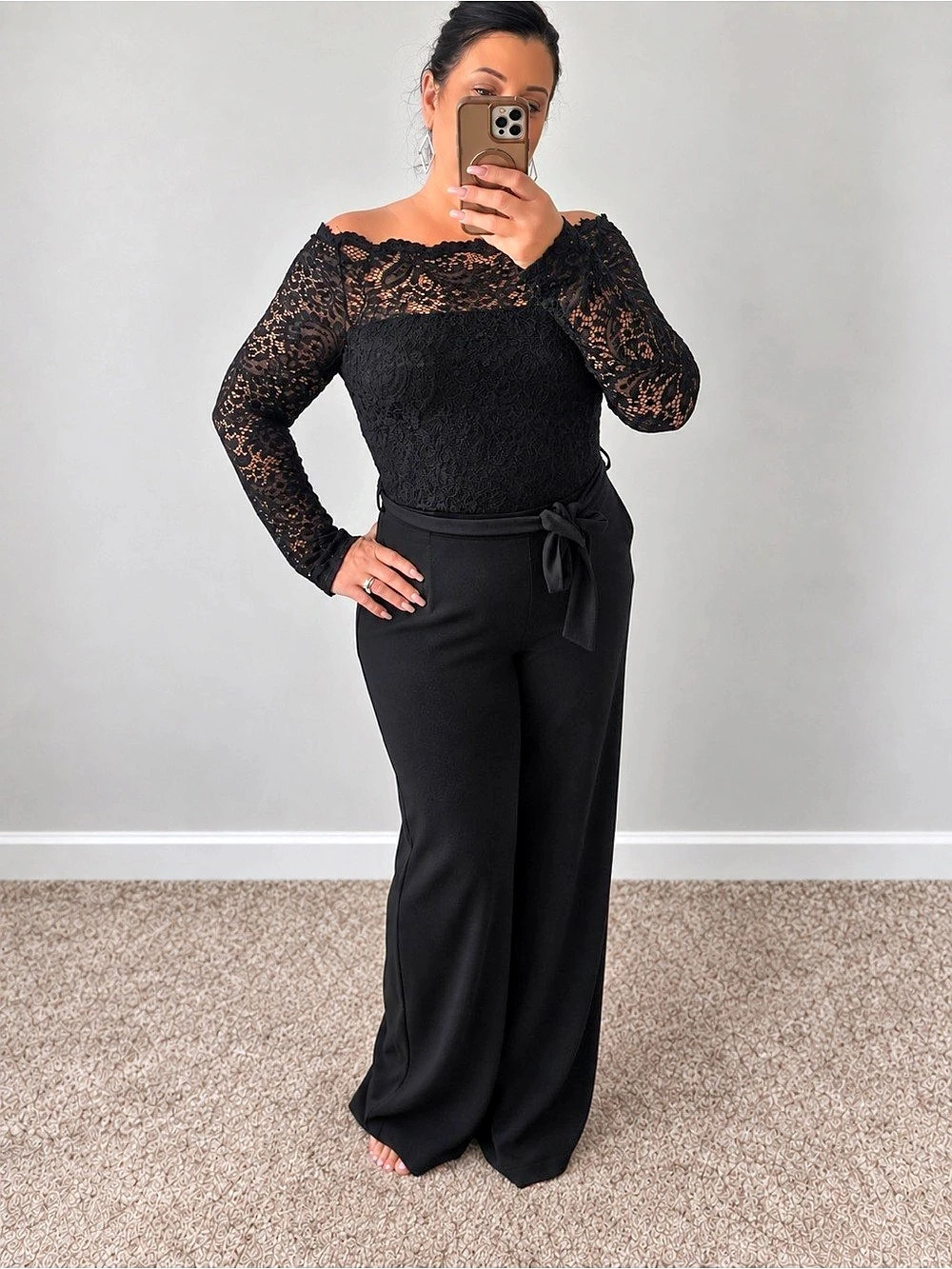 CHICME Off-Shoulder Eyelash Lace Patch Longsleeve Jumpsuit Black